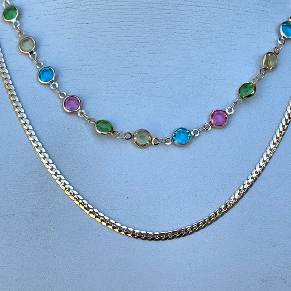 Beautiful multicolor faceted rhinestone 2 layer stainless steel gold necklace - Picture 5 of 8